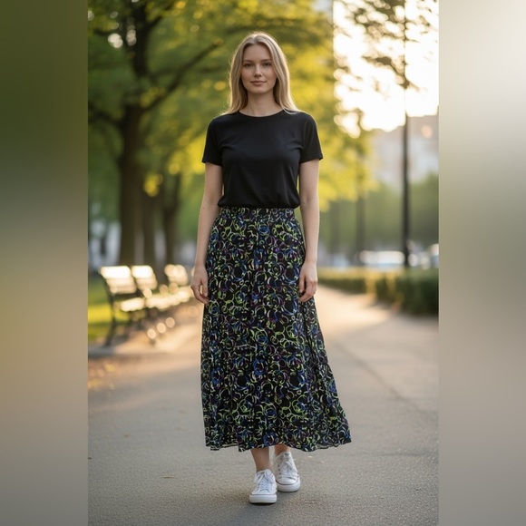 TanJay Dresses & Skirts - TanJay Black Maxi Skirt with Blue and Green Swirl Print Size Petite Medium